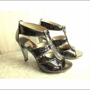 Gun Metal Sequinned T Strap Heels by Michael Kors